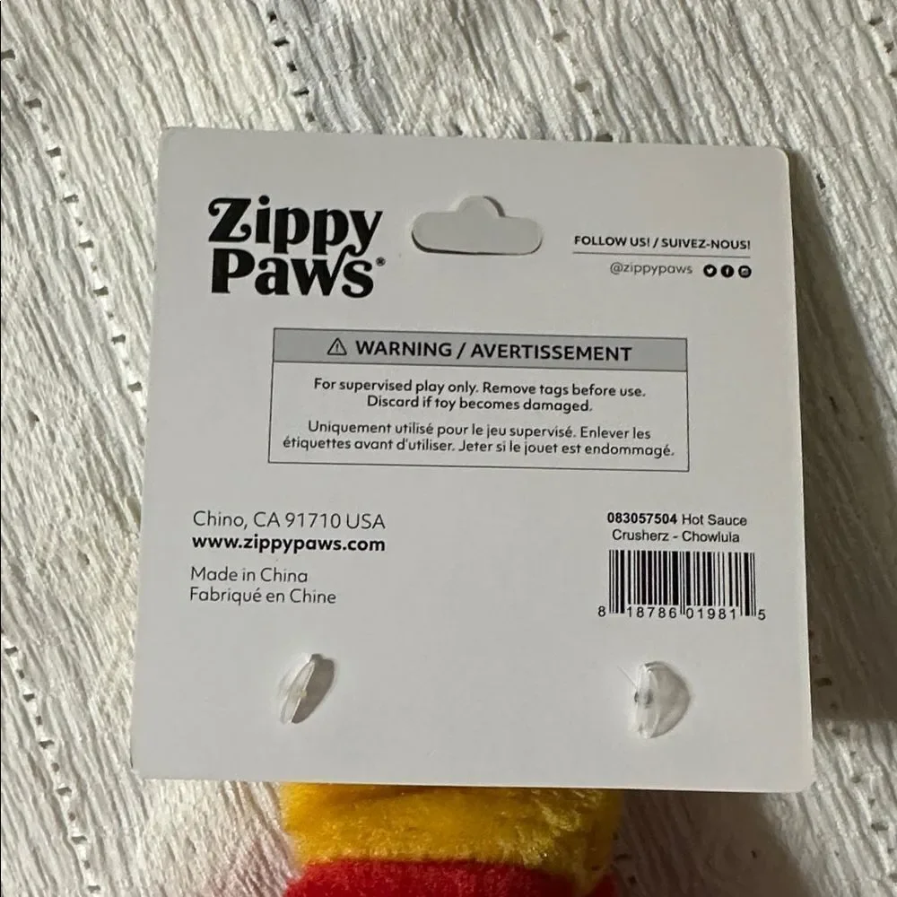 Zippy Paws Red Yellow Crusherz Chowlula Hot Sauce Plush Crinkle Dog Toy